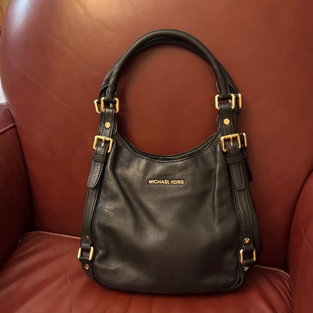 Michael Kors Black Leather Shoulder Bag with Gold Accents